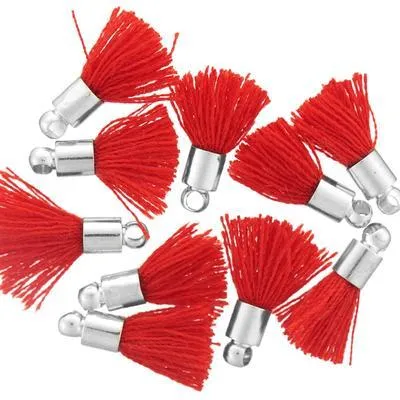 10mm Red Fabric Tassel with Silver Cap (10 Pieces)