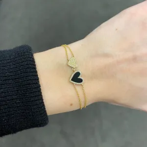 14k GOLD DIAMOND AND ONYX DOUBLE HAILEY HEART BRACELET