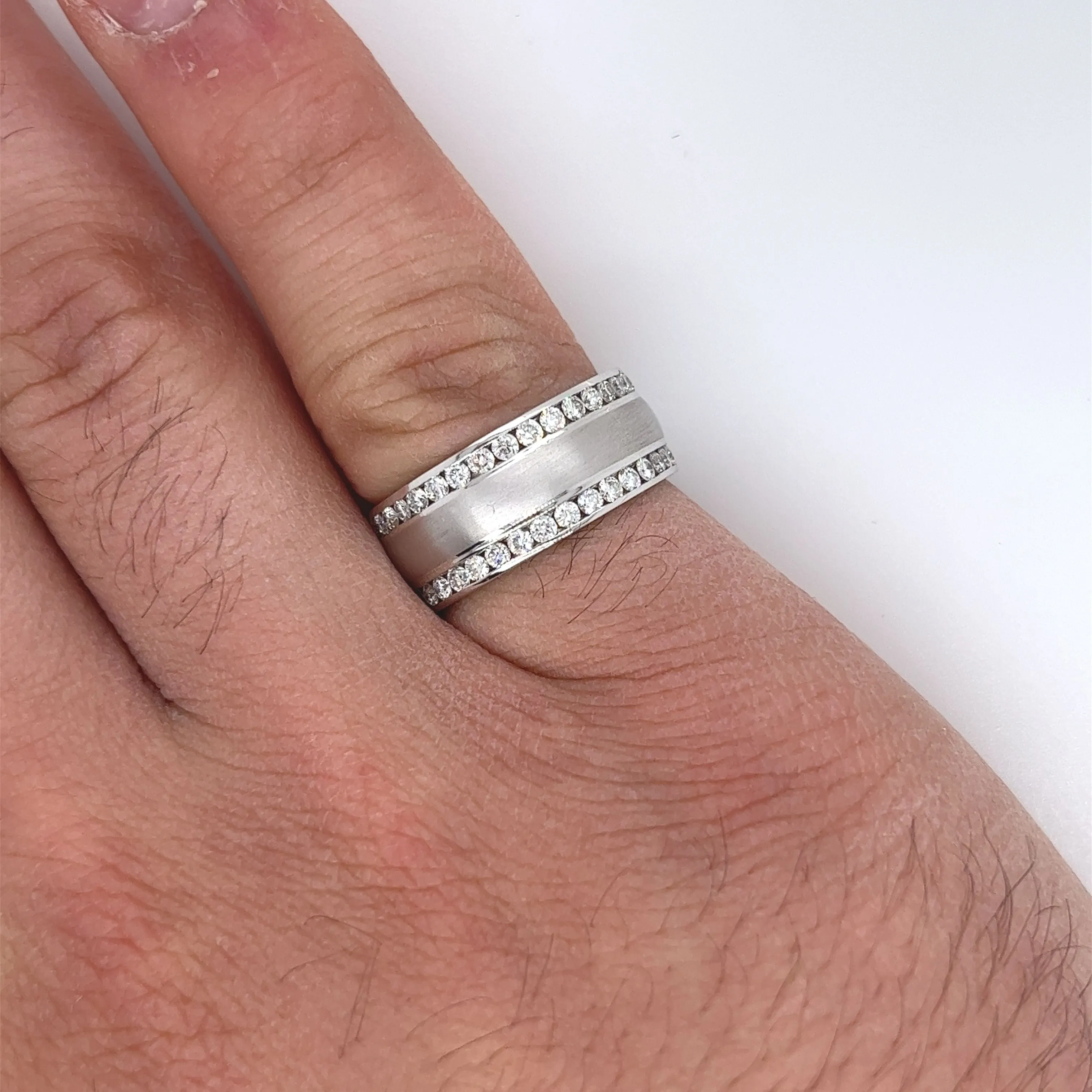 14K White Gold Double Row Diamond Band With Brushed Matte Finish Center