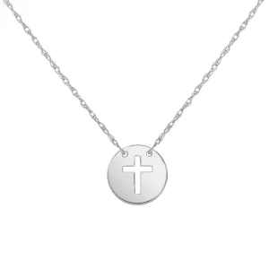 14k White Gold Mini Christian Cross Disc Necklace with Spring Ring Clasp (16" to 18" Adjustable Chain)