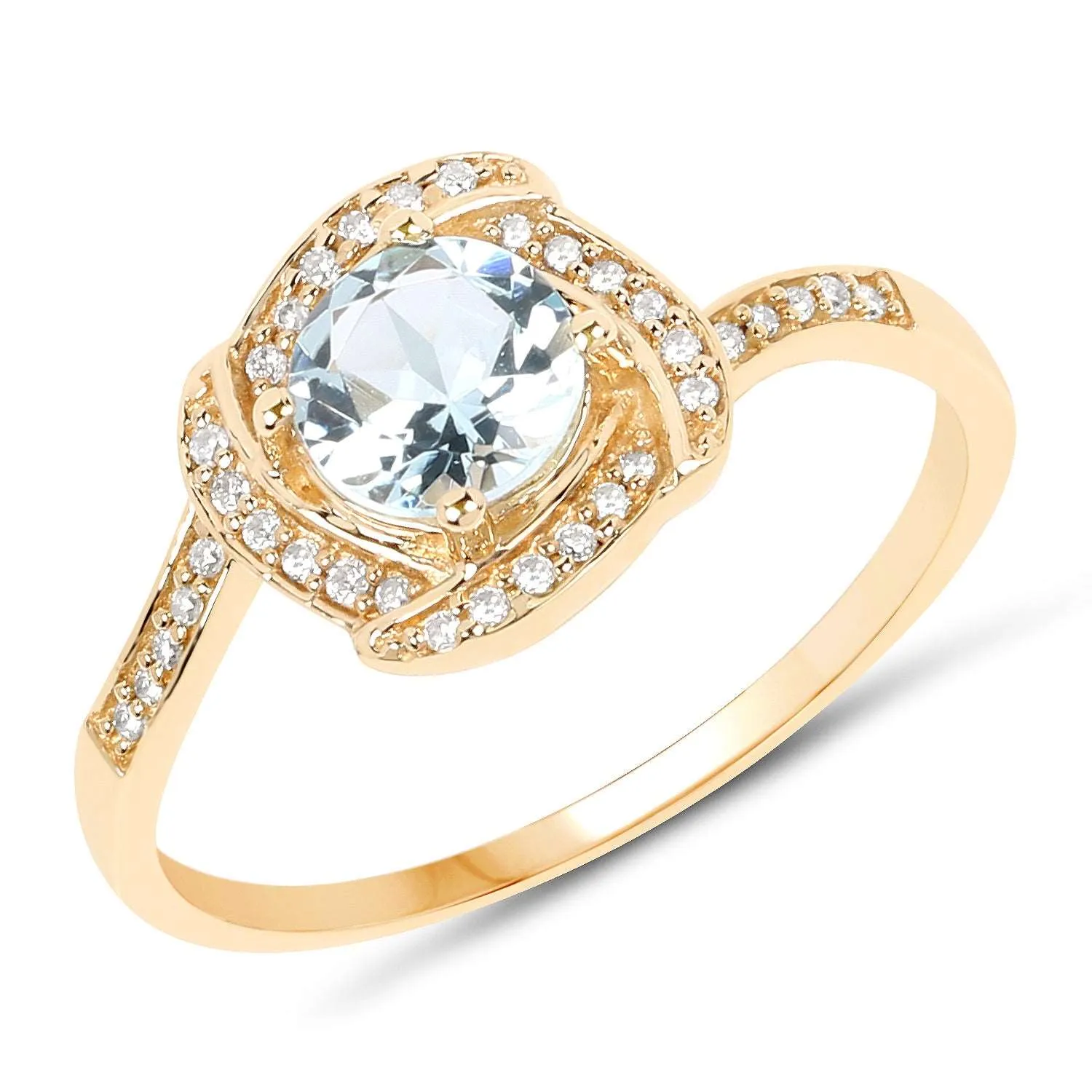 14K Yellow Gold 0.66 Carat Genuine Aquamarine and White Diamond Ring