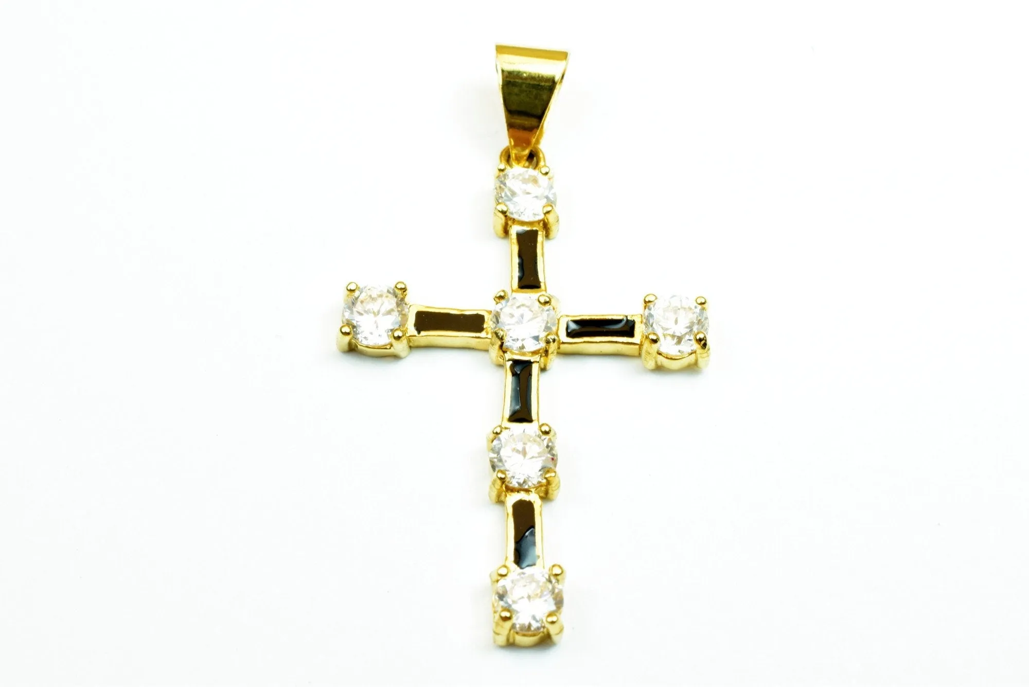 18K as Gold Filled* Black Cross Pendant With Rhinestone CZ Cubic Zirconia Size 42x38mm Christian Religious Charm For Jewelry Making