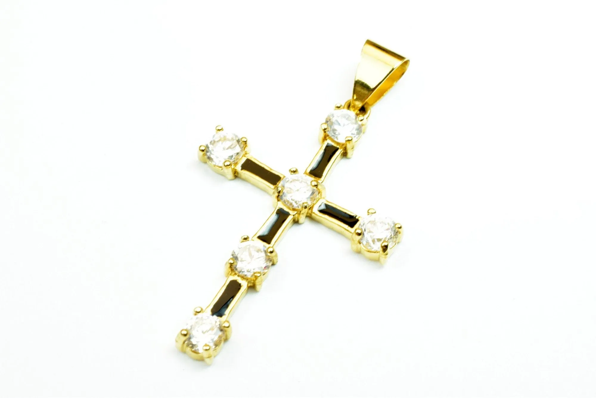 18K as Gold Filled* Black Cross Pendant With Rhinestone CZ Cubic Zirconia Size 42x38mm Christian Religious Charm For Jewelry Making