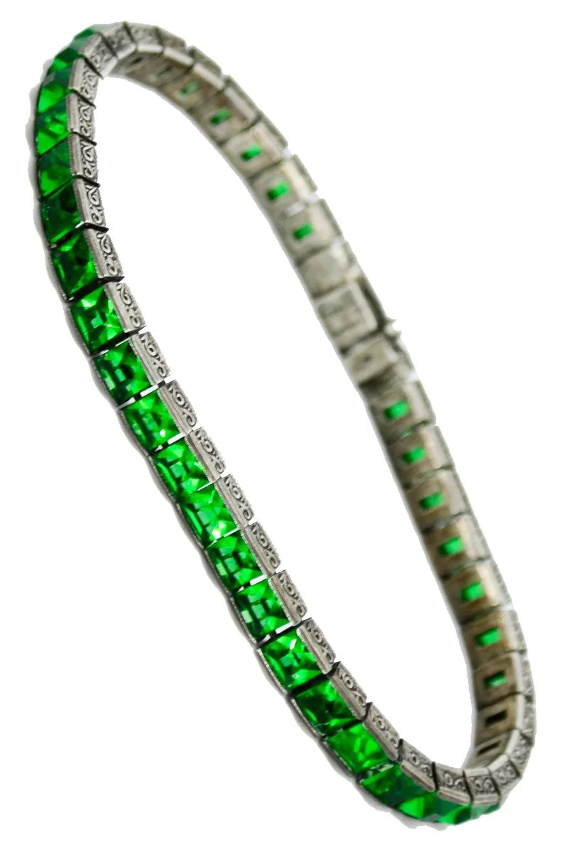 Sterling Silver Art Deco Bracelet - Wachenheimer Bros Diamonbar, 1920s Green Gemstones