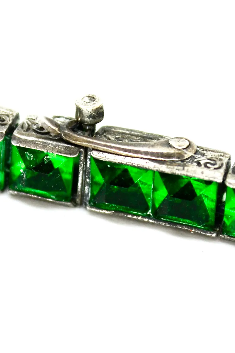 Sterling Silver Art Deco Bracelet - Wachenheimer Bros Diamonbar, 1920s Green Gemstones