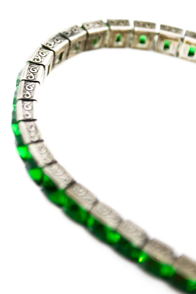 Sterling Silver Art Deco Bracelet - Wachenheimer Bros Diamonbar, 1920s Green Gemstones