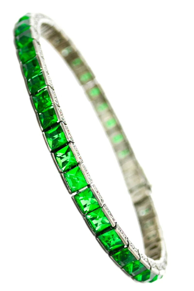 Sterling Silver Art Deco Bracelet - Wachenheimer Bros Diamonbar, 1920s Green Gemstones