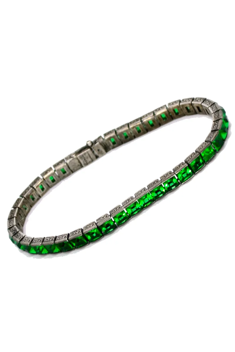 Sterling Silver Art Deco Bracelet - Wachenheimer Bros Diamonbar, 1920s Green Gemstones