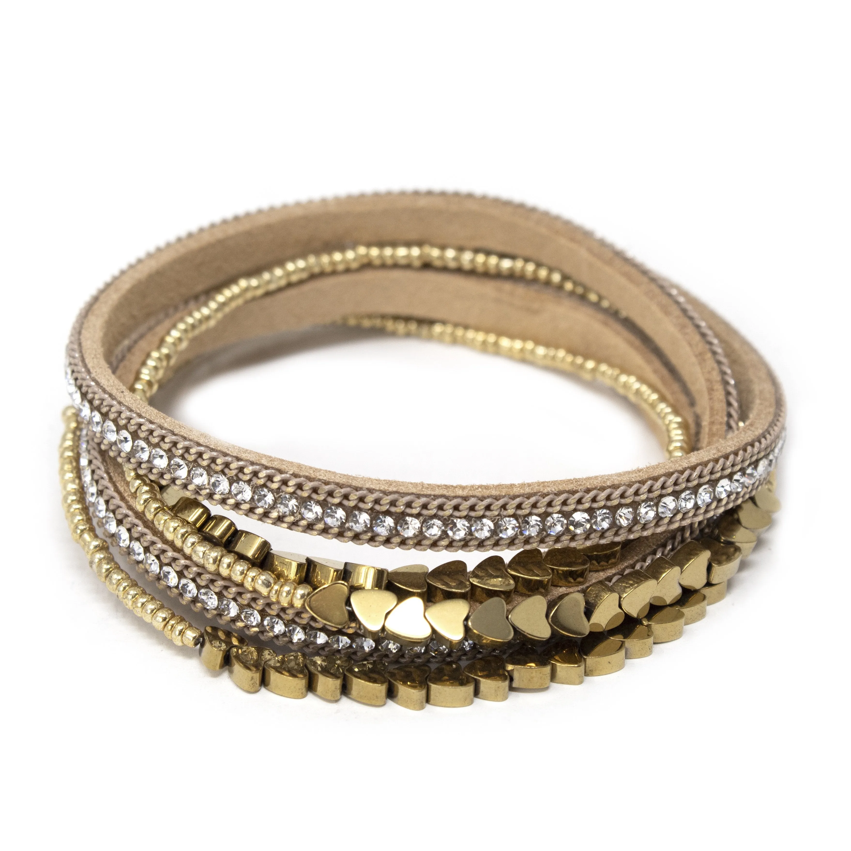 2 Row Suede Wrap Bracelet W CZ and Heart Beads Gold T