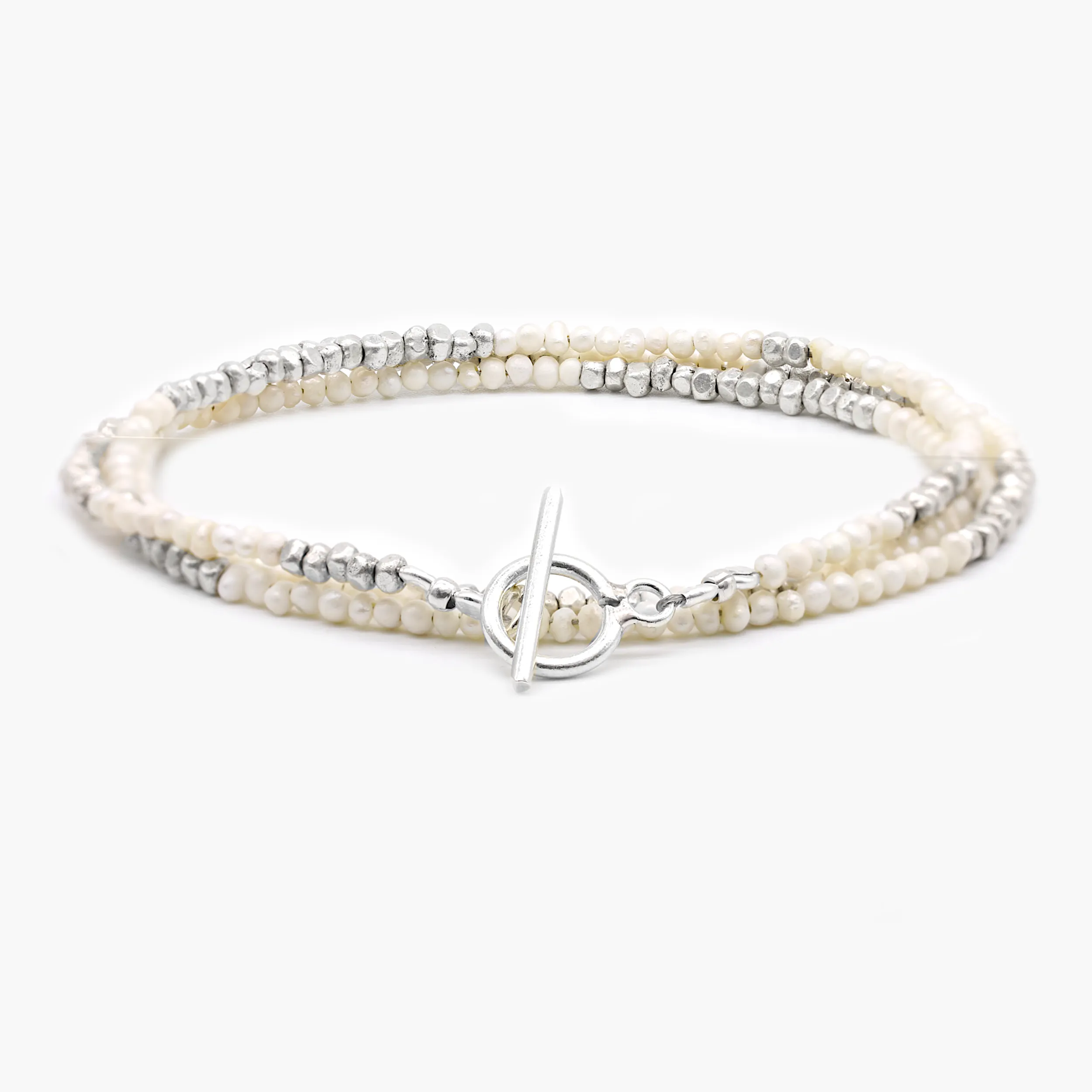 3 Laps Bracelet With Freshwater Pearls And Sterling Silver Beads