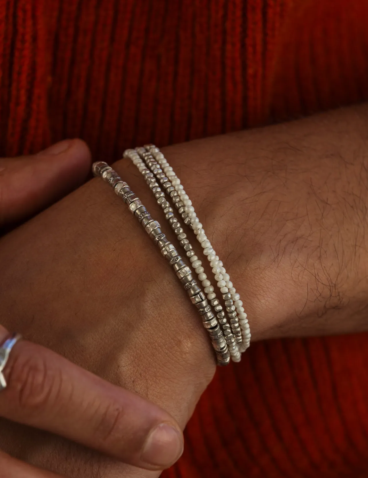 3 Laps Bracelet With Freshwater Pearls And Sterling Silver Beads