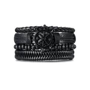 4pcs/set Adjustable Leather Bracelets for Men-Black Braided PU Leather