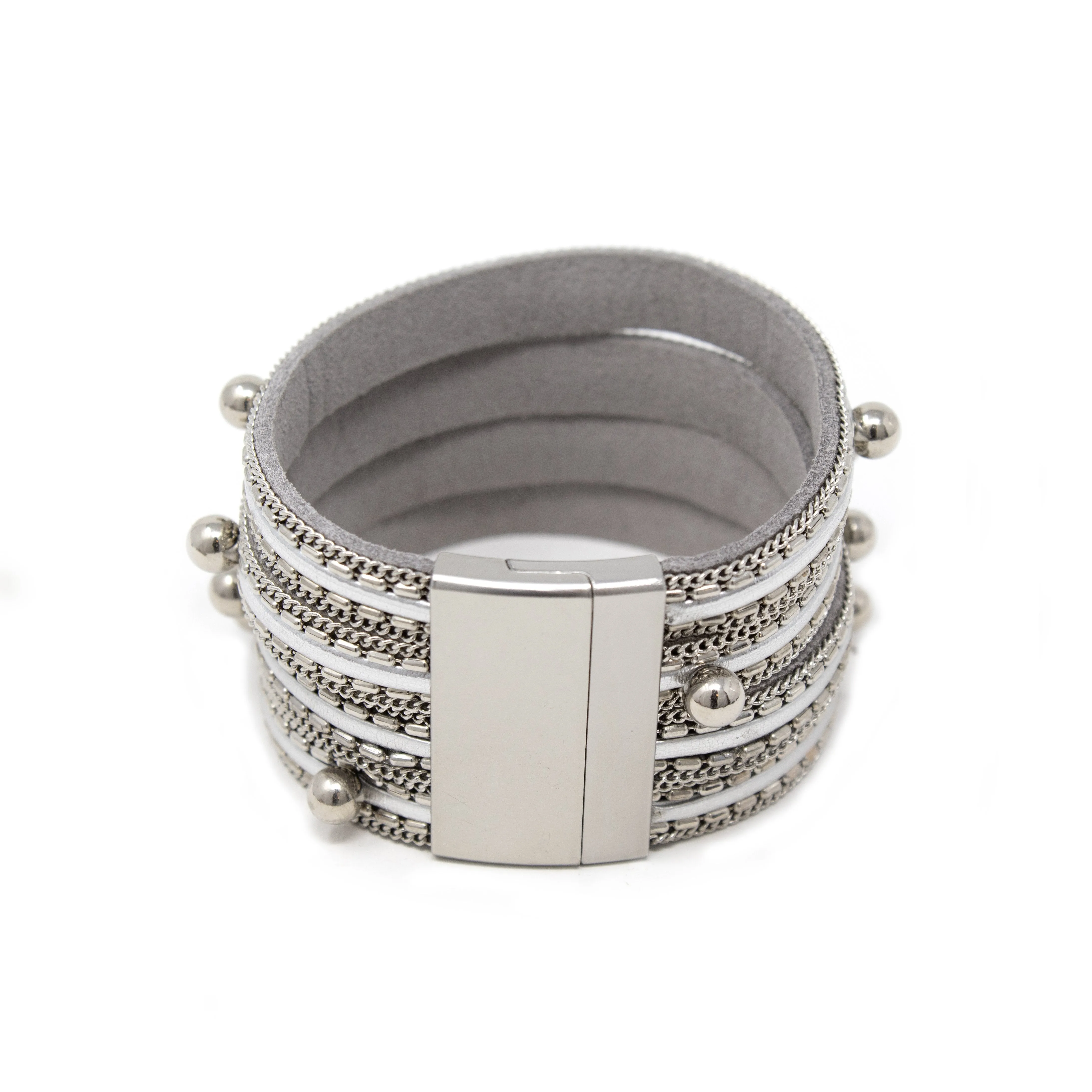 4Row Chain and Bead Suede Bracelet Silver T