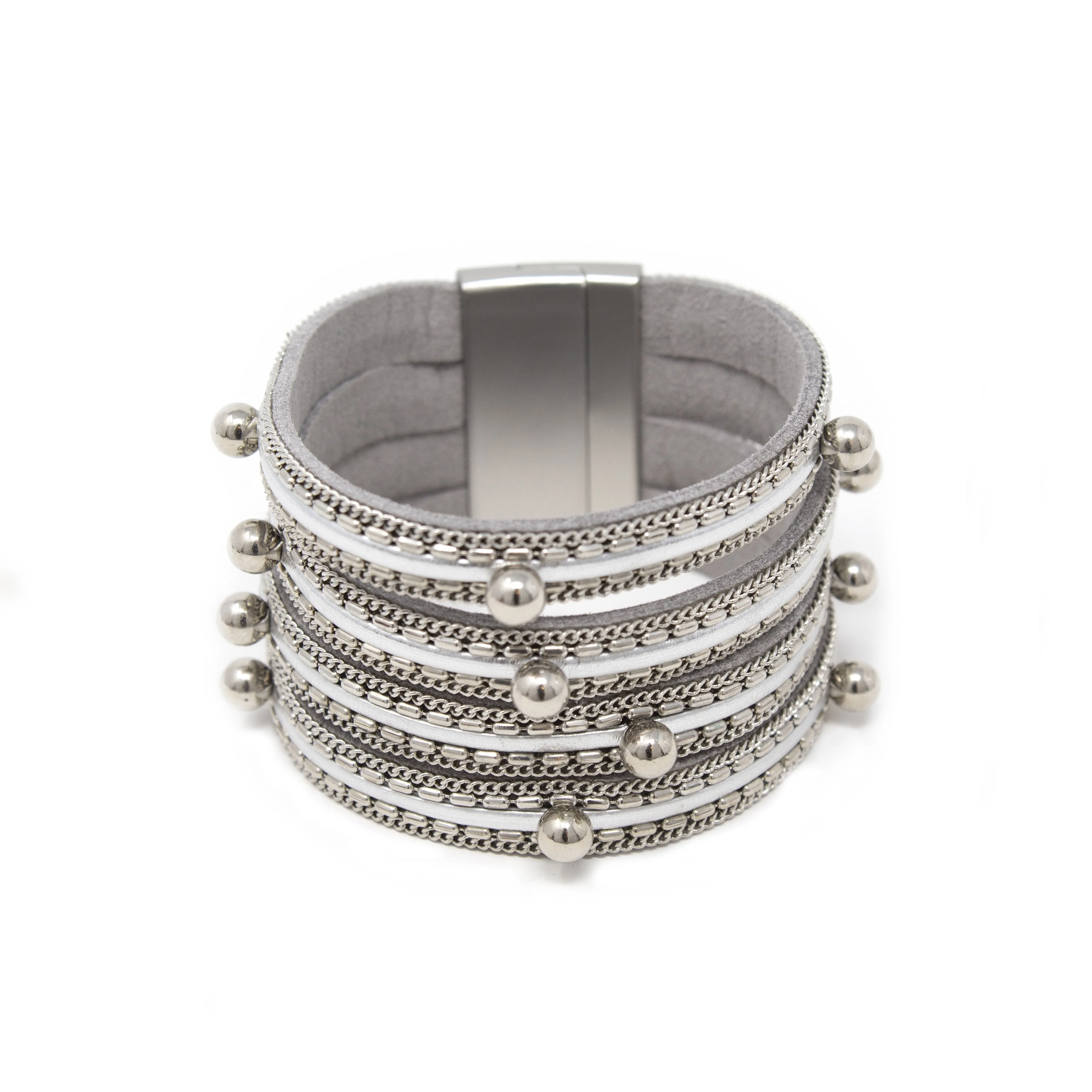 4Row Chain and Bead Suede Bracelet Silver T