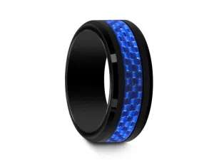 8MM BLACK CERAMIC WEDDING BAND BEVELED AND BLUE CARBON FIBER INLAY