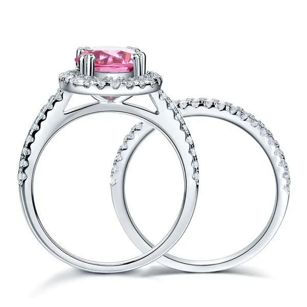 925 Sterling Silver Wedding Engagement Halo Ring Set 2 Carat Pink Created Zirconia Wedding Jewelry MXFR8220