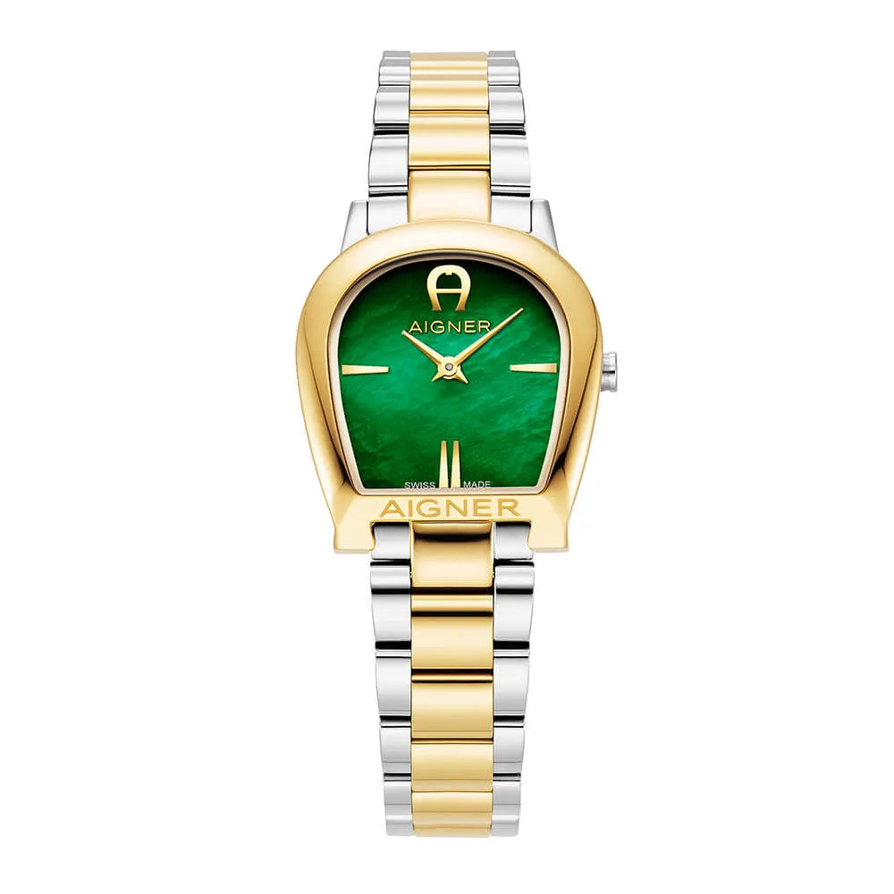 Aigner Alessandria Ladies Green Dial Stainless Steel Silver Gold Plated Watch