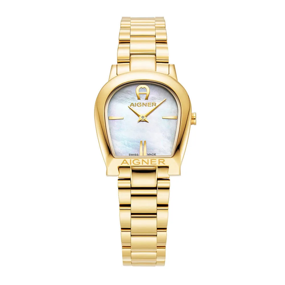 Aigner Alessandria Ladies White MOP Dial Stainless Steel Gold Plated Watch