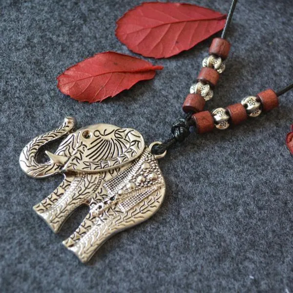 Alloy Elephant Wooden Beads Pendant Necklaces