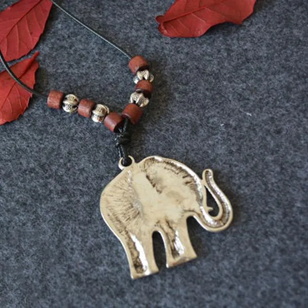 Alloy Elephant Wooden Beads Pendant Necklaces