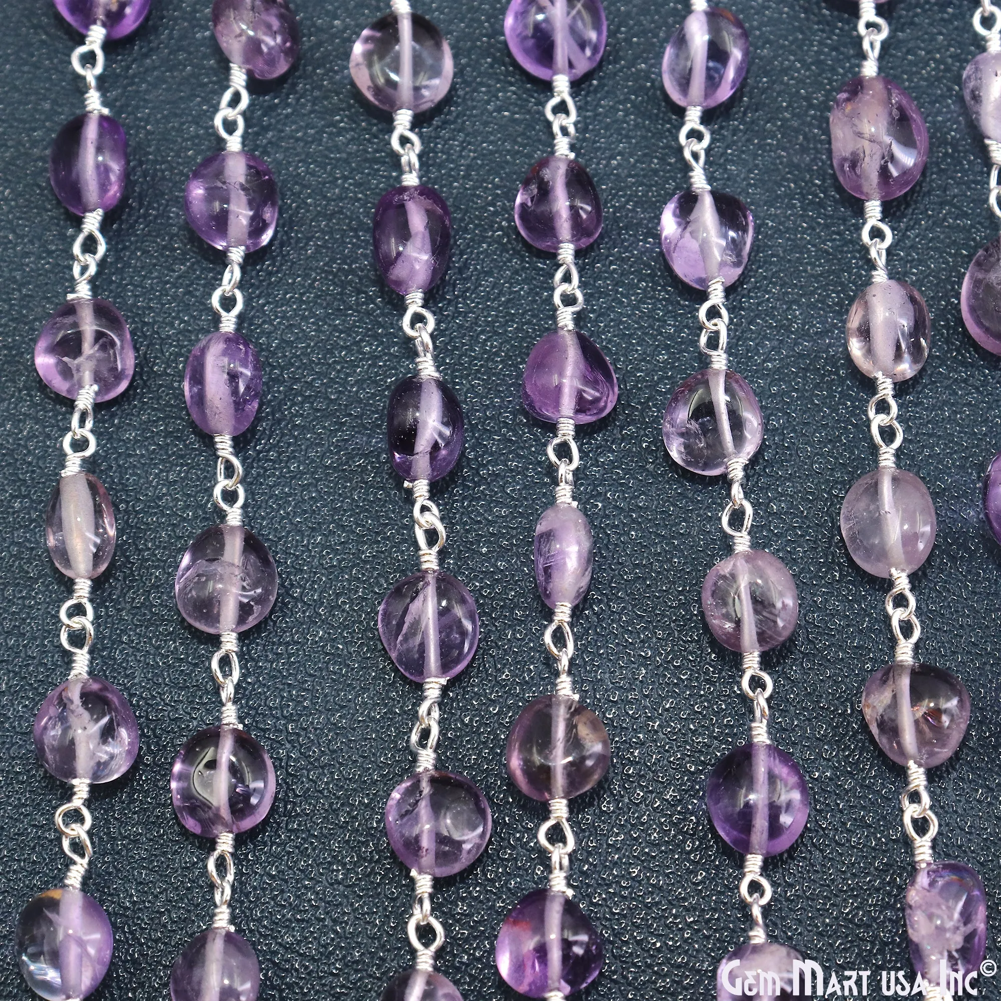 Amethyst Tumble Beads 8x5mm Silver Wire Wrapped Rosary Chain