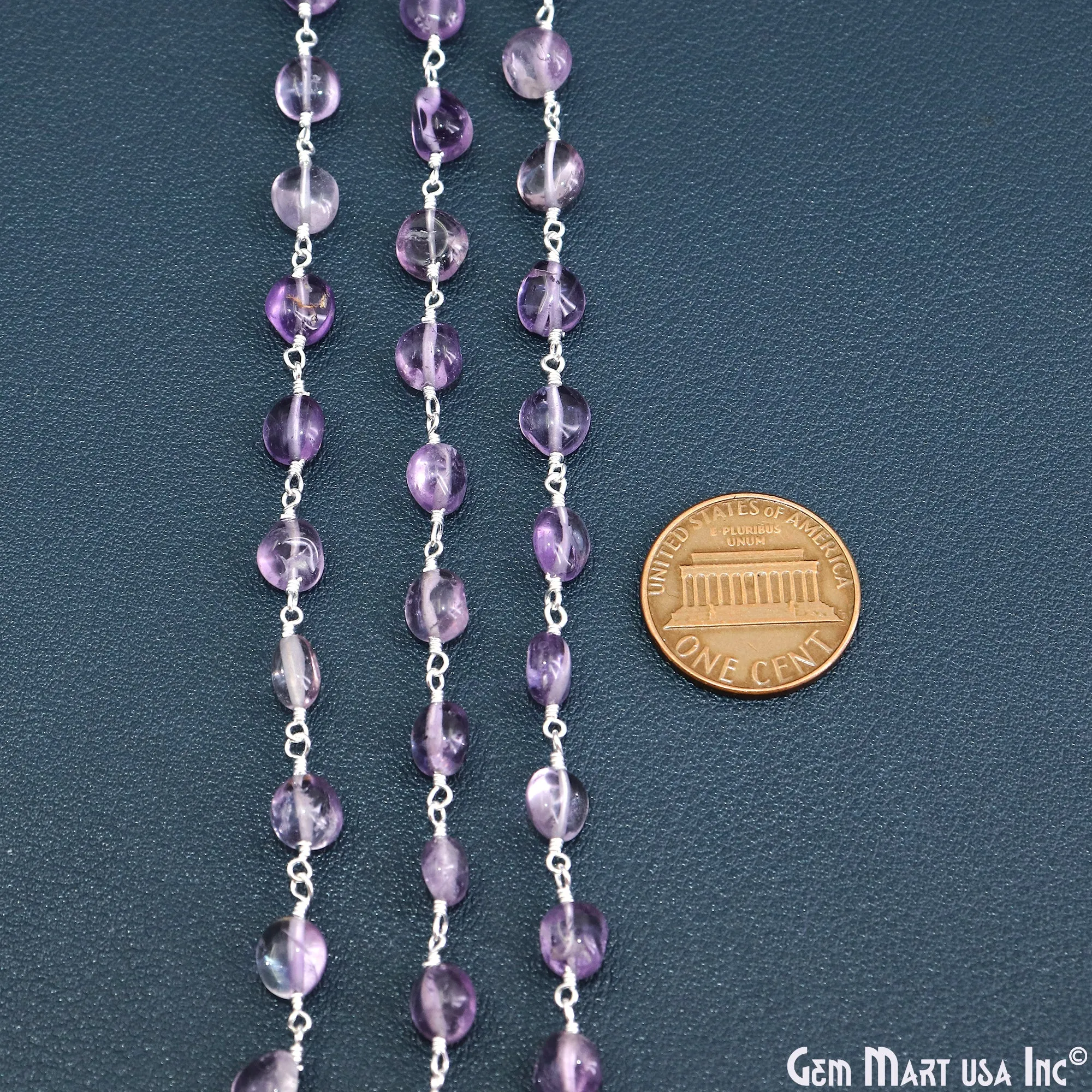 Amethyst Tumble Beads 8x5mm Silver Wire Wrapped Rosary Chain