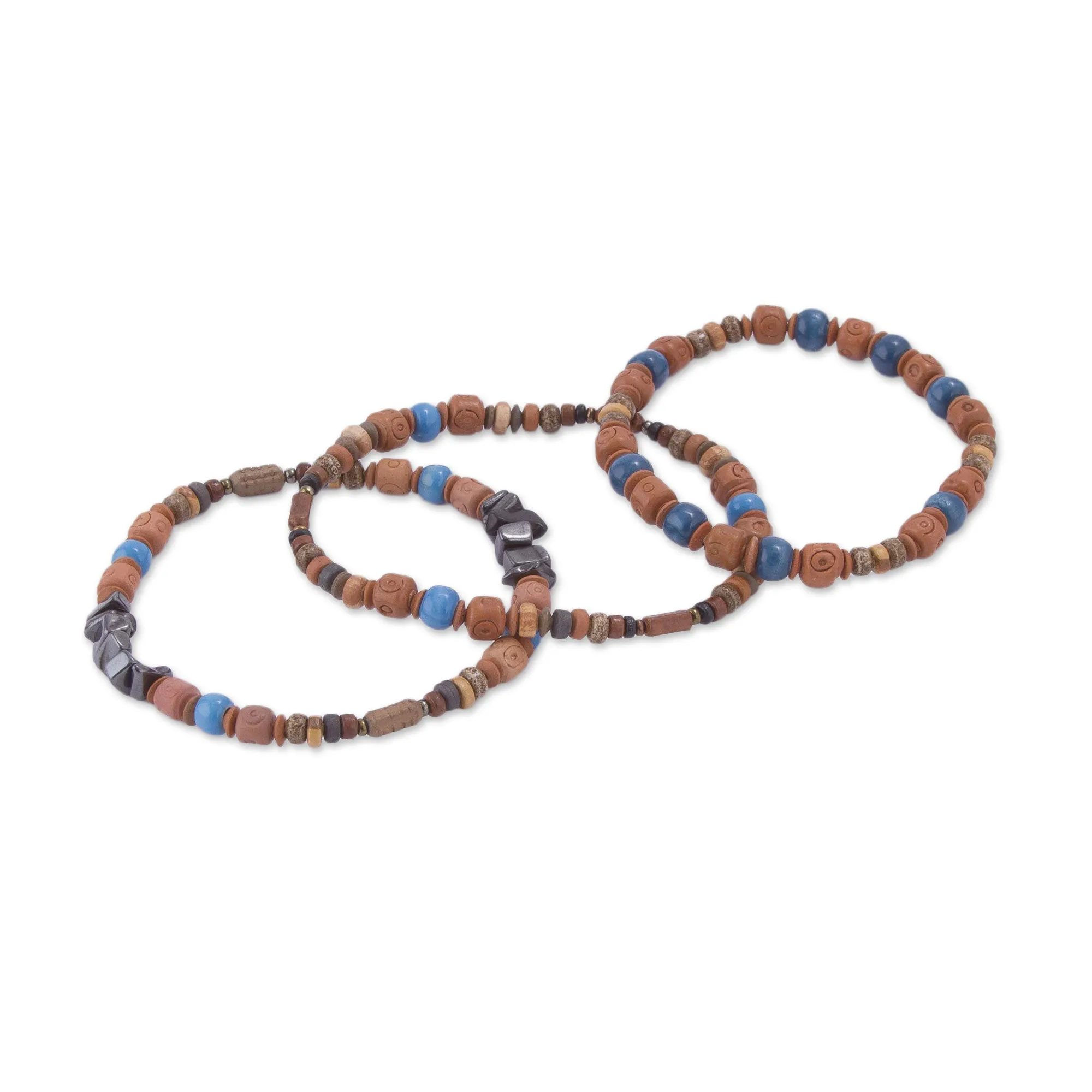 Andean Eyes Three Hematite and Ceramic Beaded Bracelets in Earth Tones