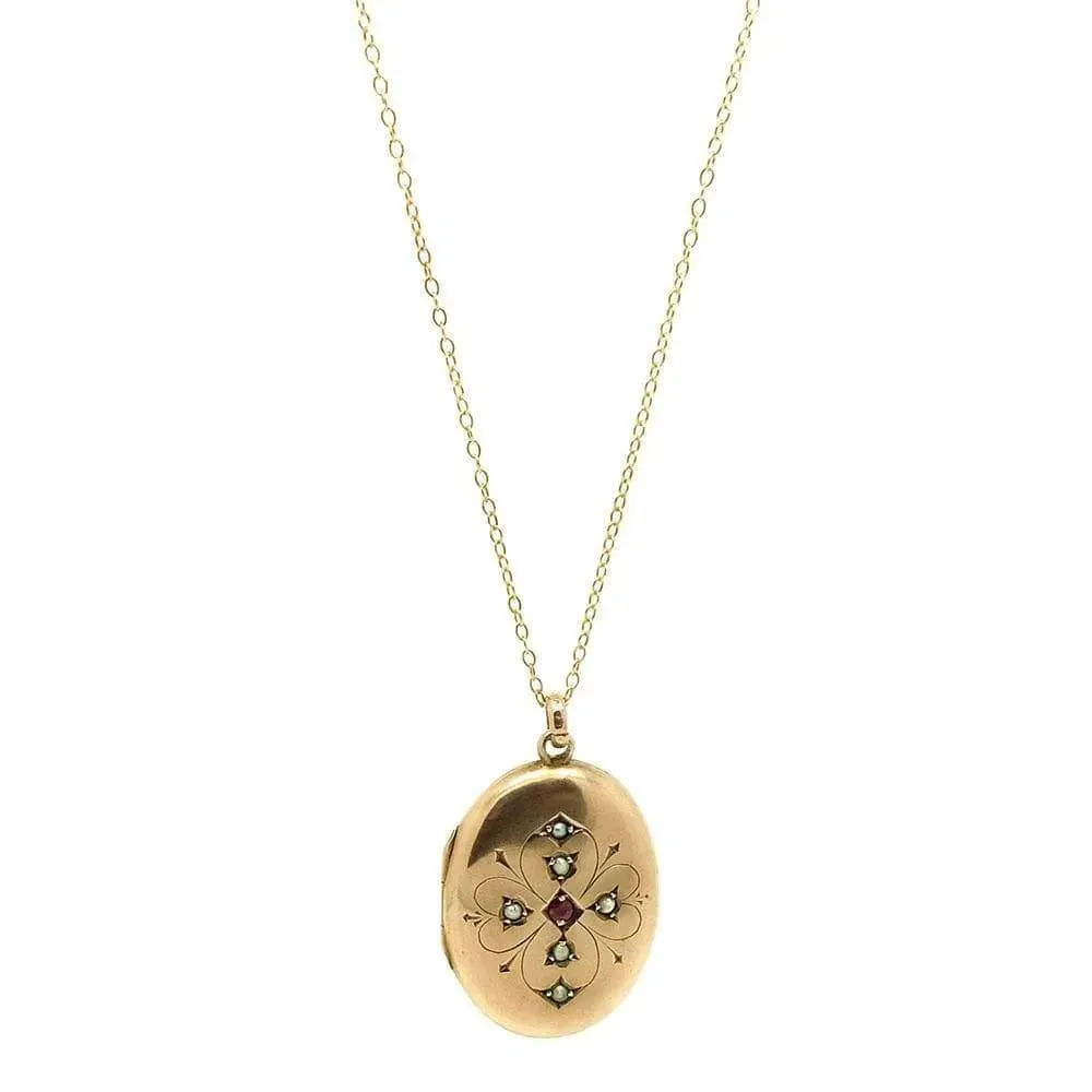 Antique Edwardian 9ct Rose Gold Ruby Pearl Locket Necklace