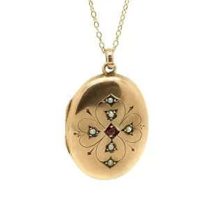 Antique Edwardian 9ct Rose Gold Ruby Pearl Locket Necklace