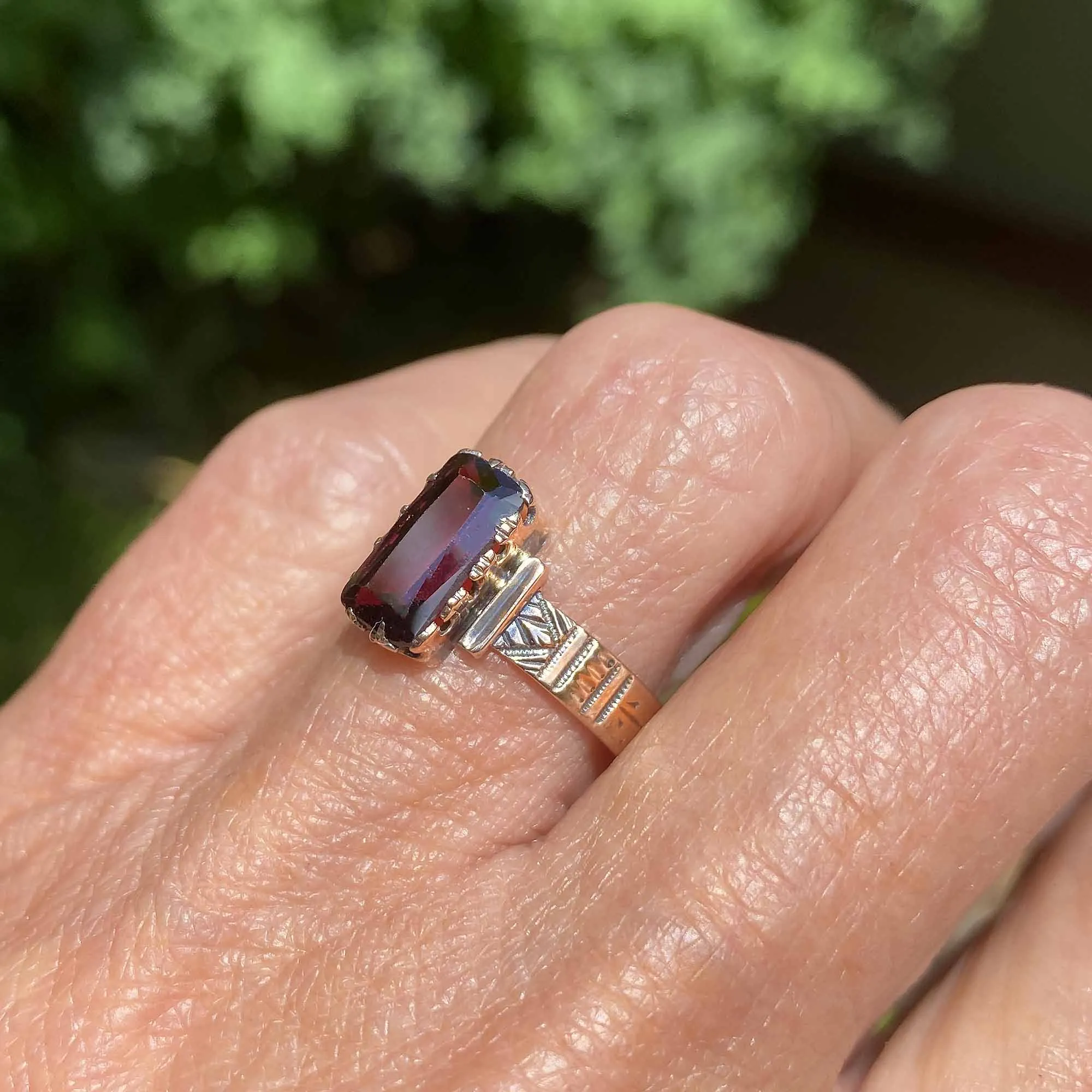 Antique Edwardian Engraved Band Garnet Ring