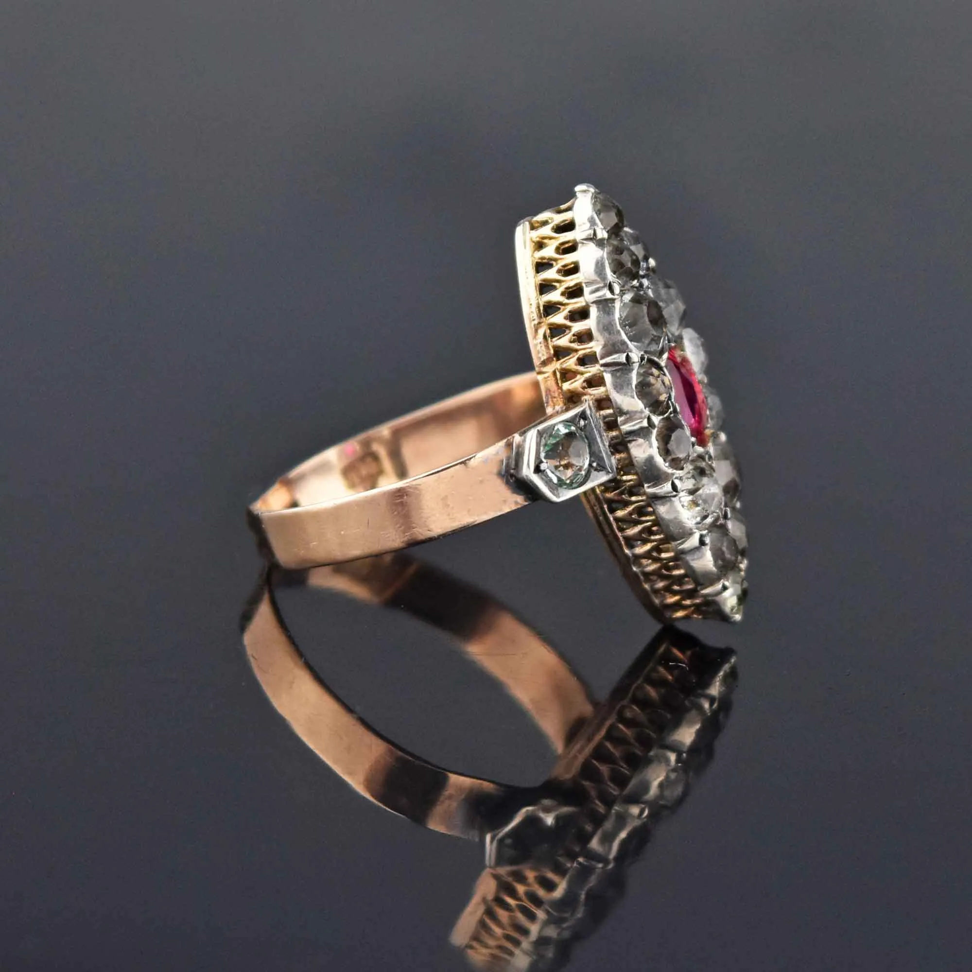 Georgian Victorian Antique Diamond Ruby Paste Navette Ring