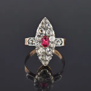 Georgian Victorian Antique Diamond Ruby Paste Navette Ring