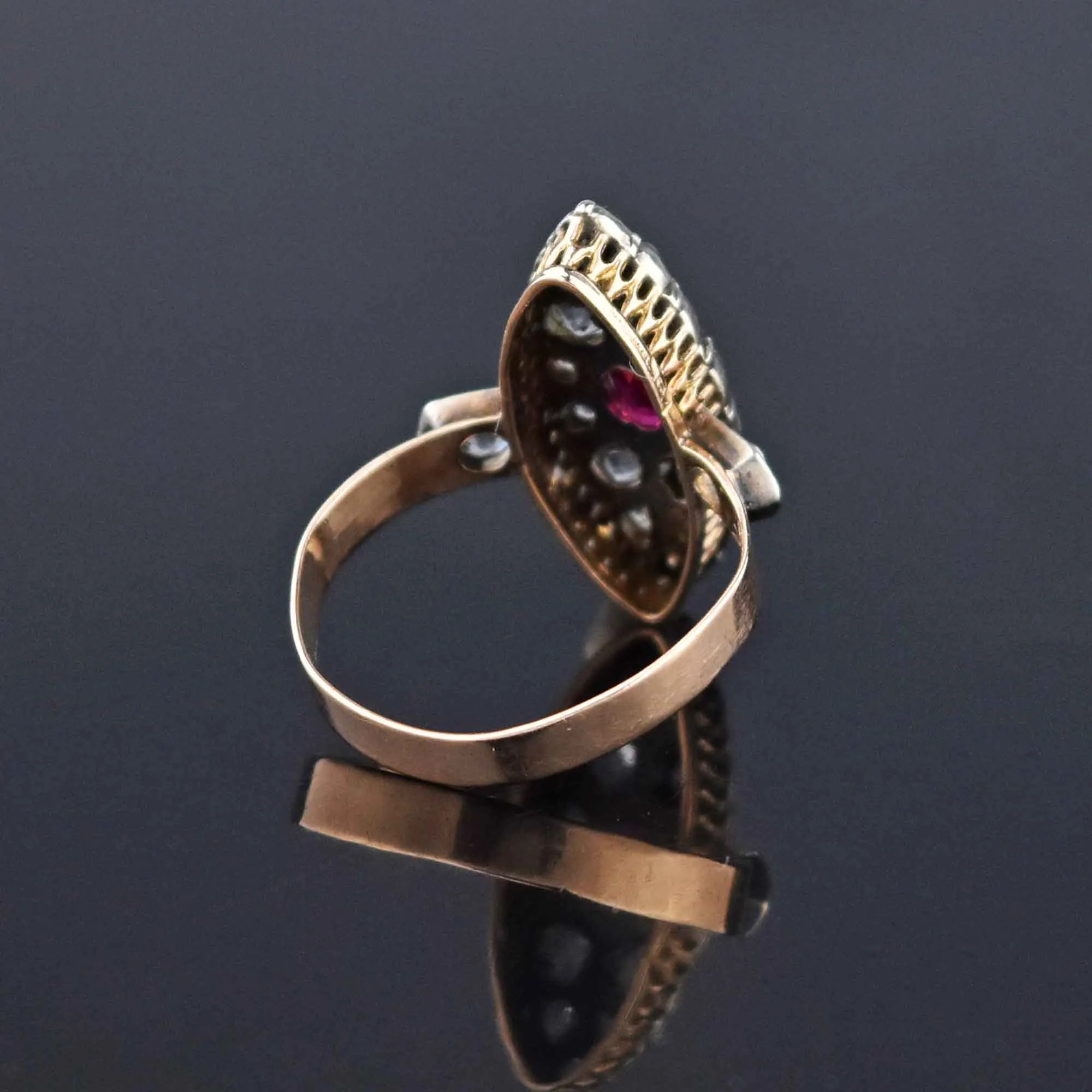 Georgian Victorian Antique Diamond Ruby Paste Navette Ring