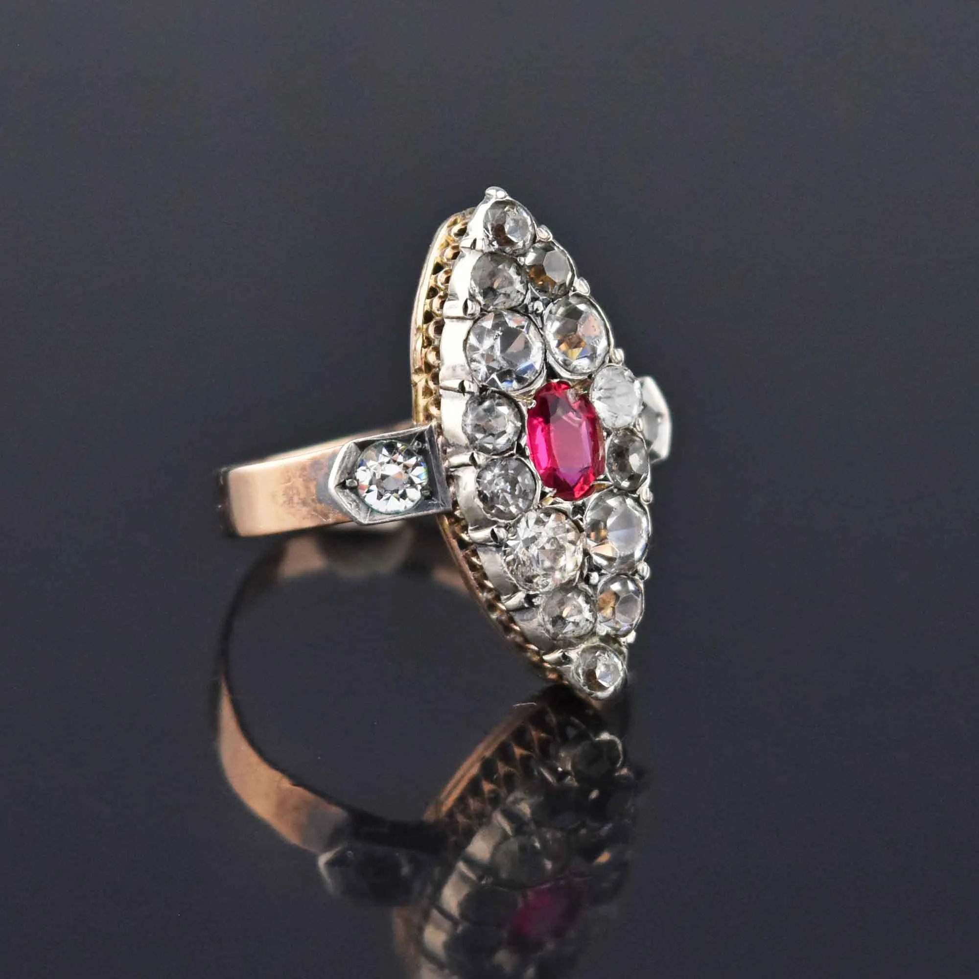 Georgian Victorian Antique Diamond Ruby Paste Navette Ring