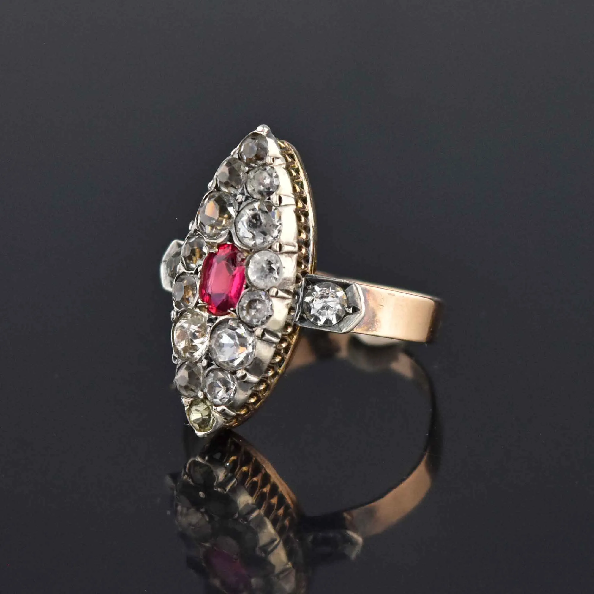 Georgian Victorian Antique Diamond Ruby Paste Navette Ring