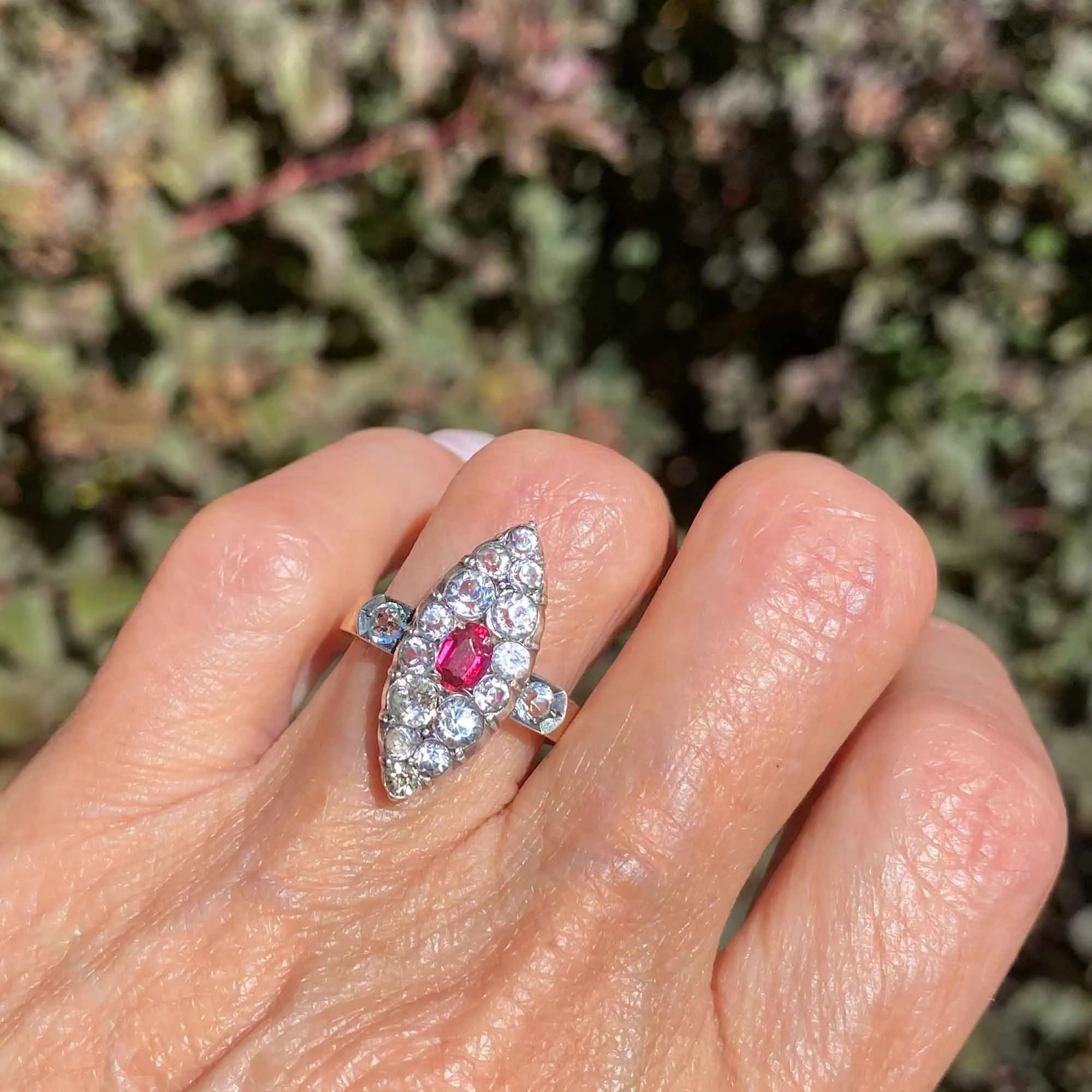 Georgian Victorian Antique Diamond Ruby Paste Navette Ring