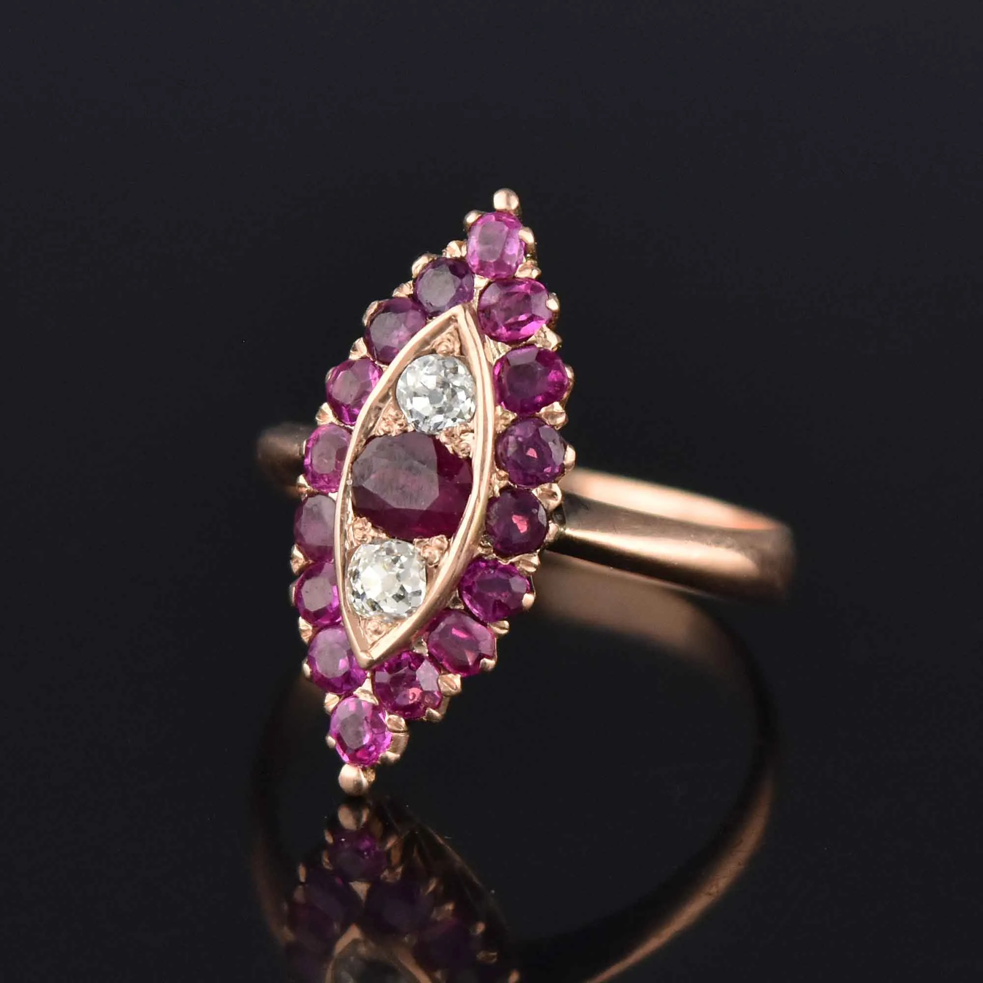 Antique Victorian 1.5 CTW Diamond Ruby Navette Ring 14K Gold