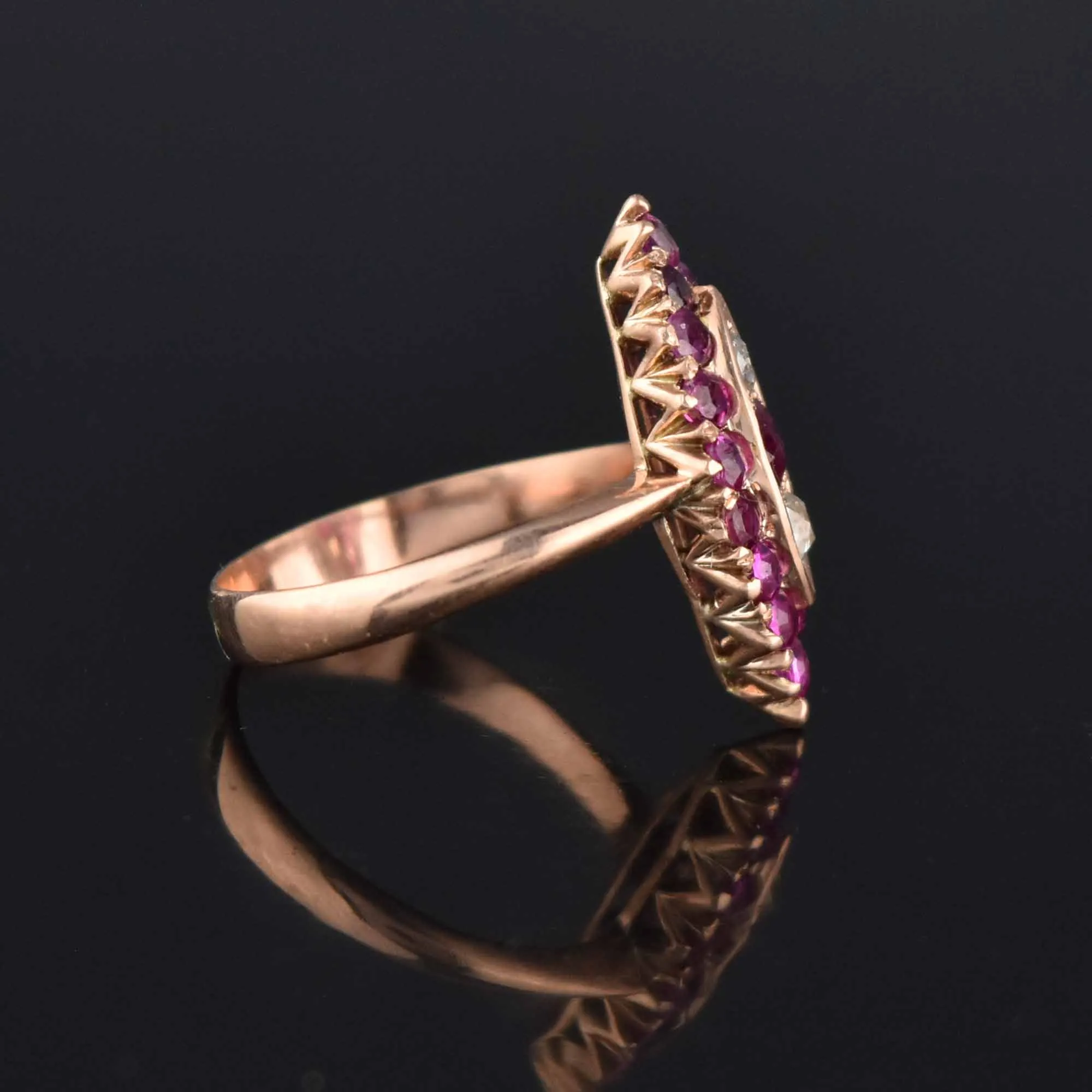 Antique Victorian 1.5 CTW Diamond Ruby Navette Ring 14K Gold