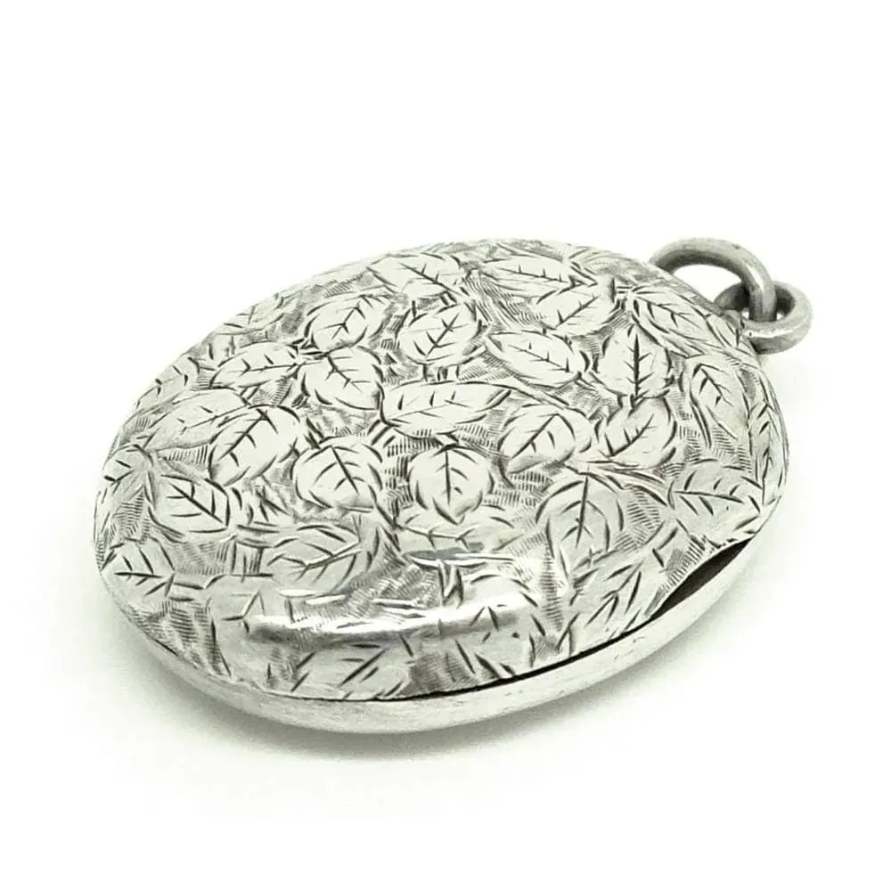 Antique Victorian Oval Ivy Silver Locket Necklace