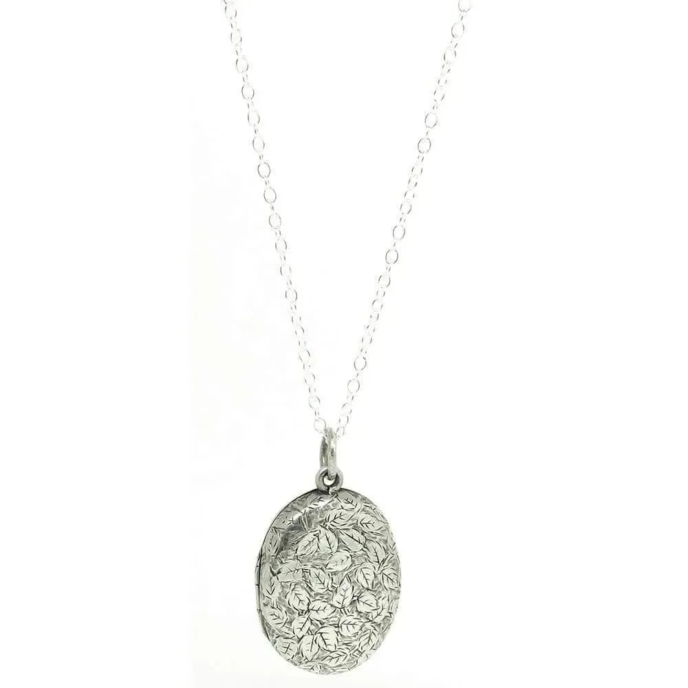 Antique Victorian Oval Ivy Silver Locket Necklace