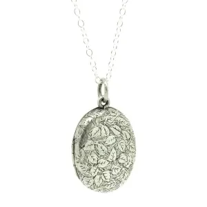 Antique Victorian Oval Ivy Silver Locket Necklace