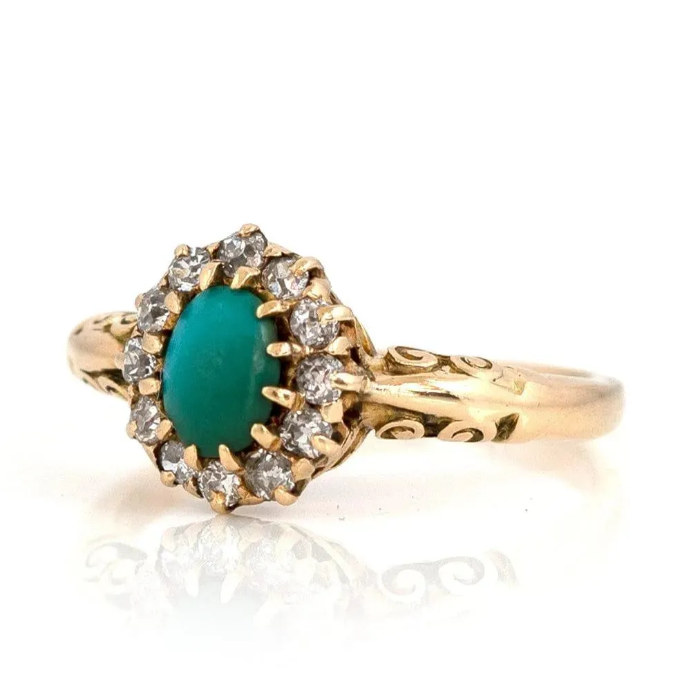 Antique Victorian Turquoise Diamond Halo 18ct Gold Ring