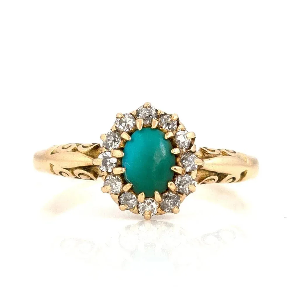 Antique Victorian Turquoise Diamond Halo 18ct Gold Ring