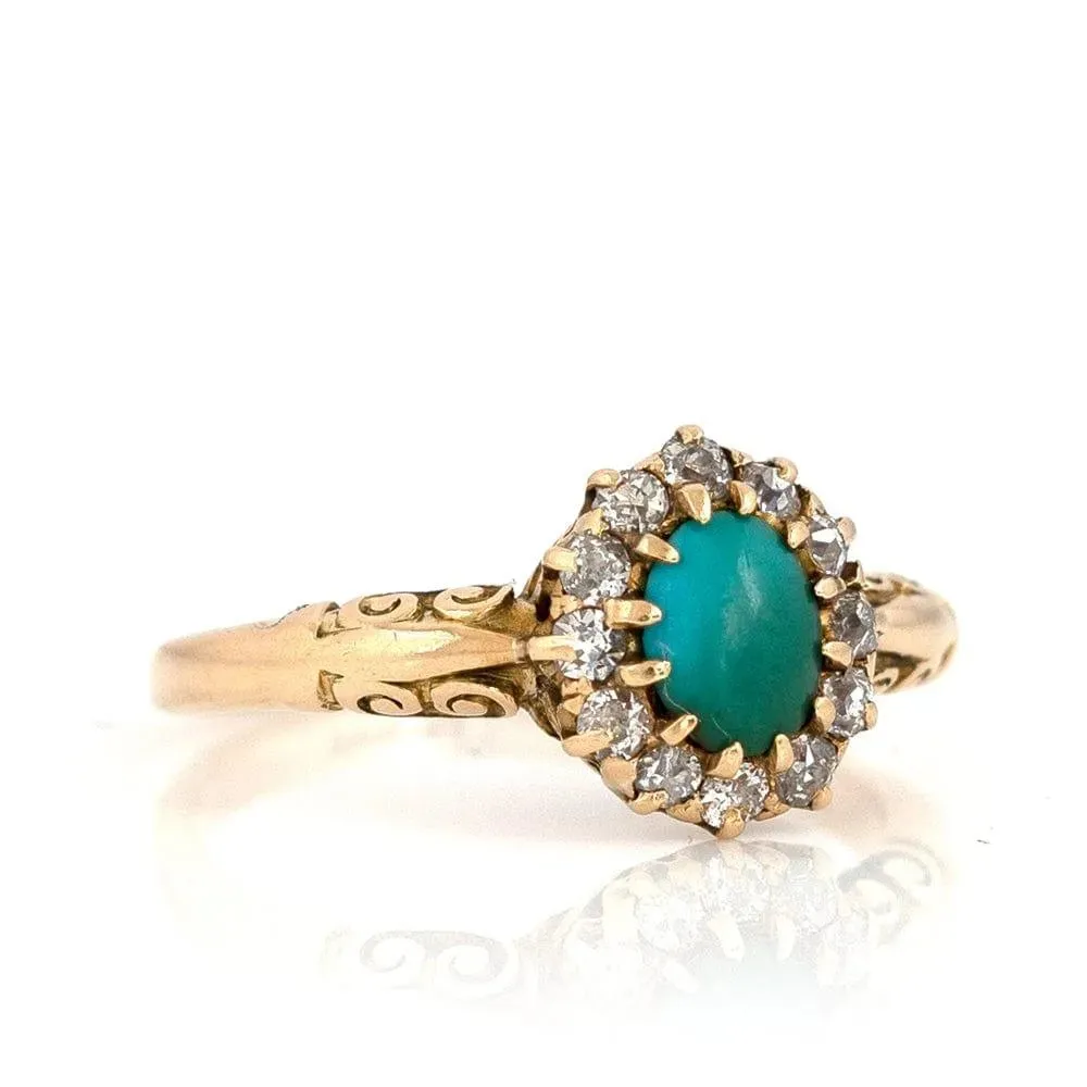 Antique Victorian Turquoise Diamond Halo 18ct Gold Ring