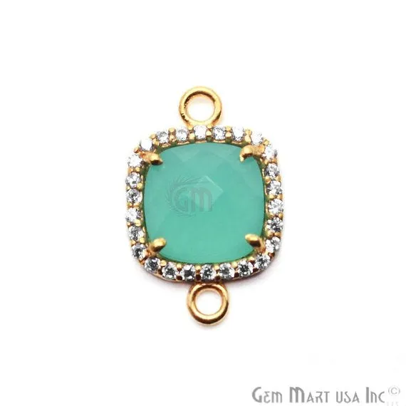 Aqua Chalcedony & Cubic Zircon Pave 10mm Cushion Gold Plated Double Bail Connector