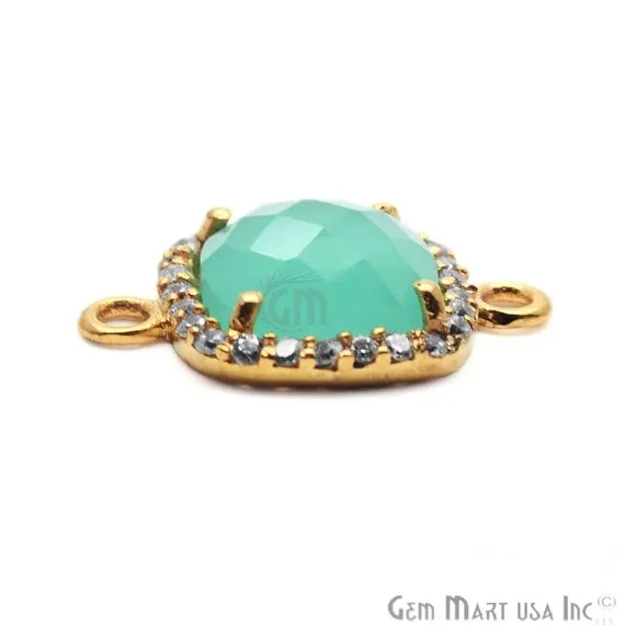 Aqua Chalcedony & Cubic Zircon Pave 10mm Cushion Gold Plated Double Bail Connector