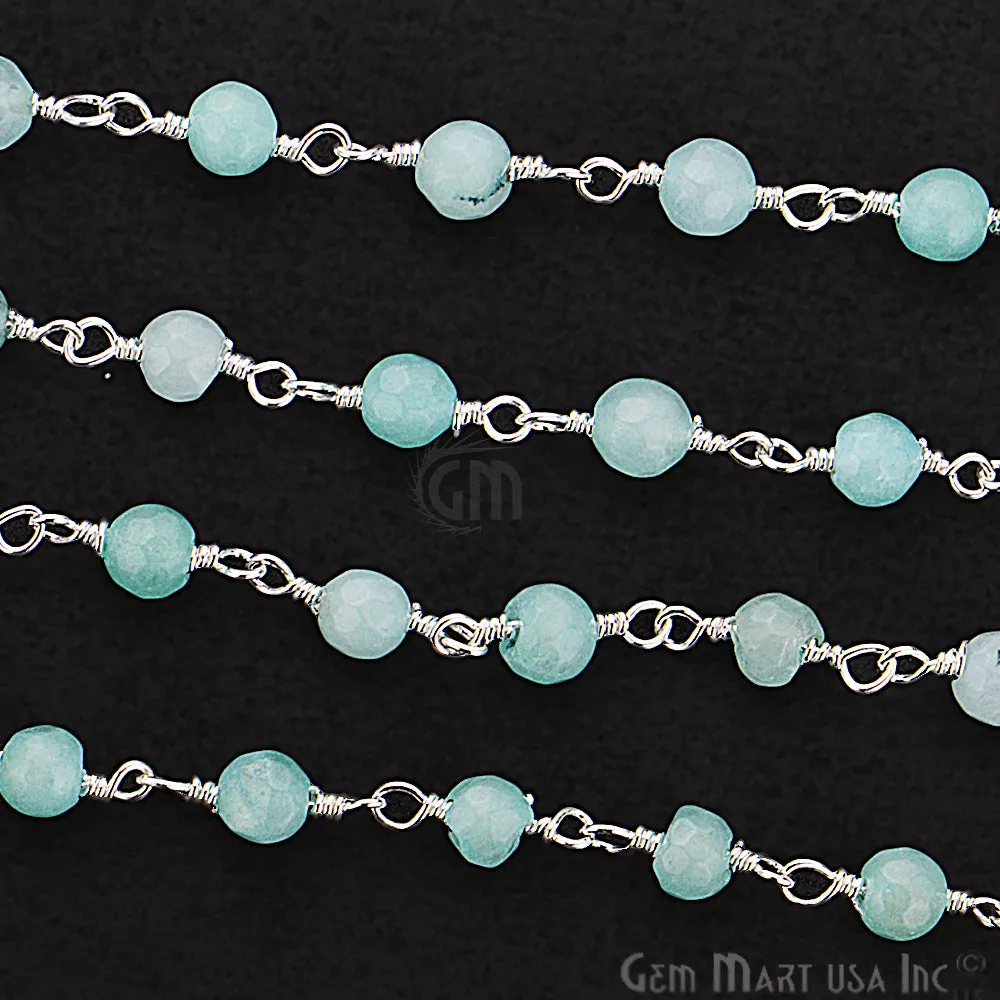 Aqua Jade Beads Silver Plated Wire Wrapped Rosary Chain