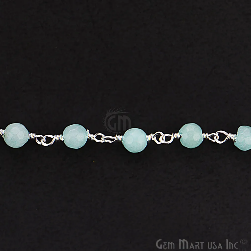 Aqua Jade Beads Silver Plated Wire Wrapped Rosary Chain