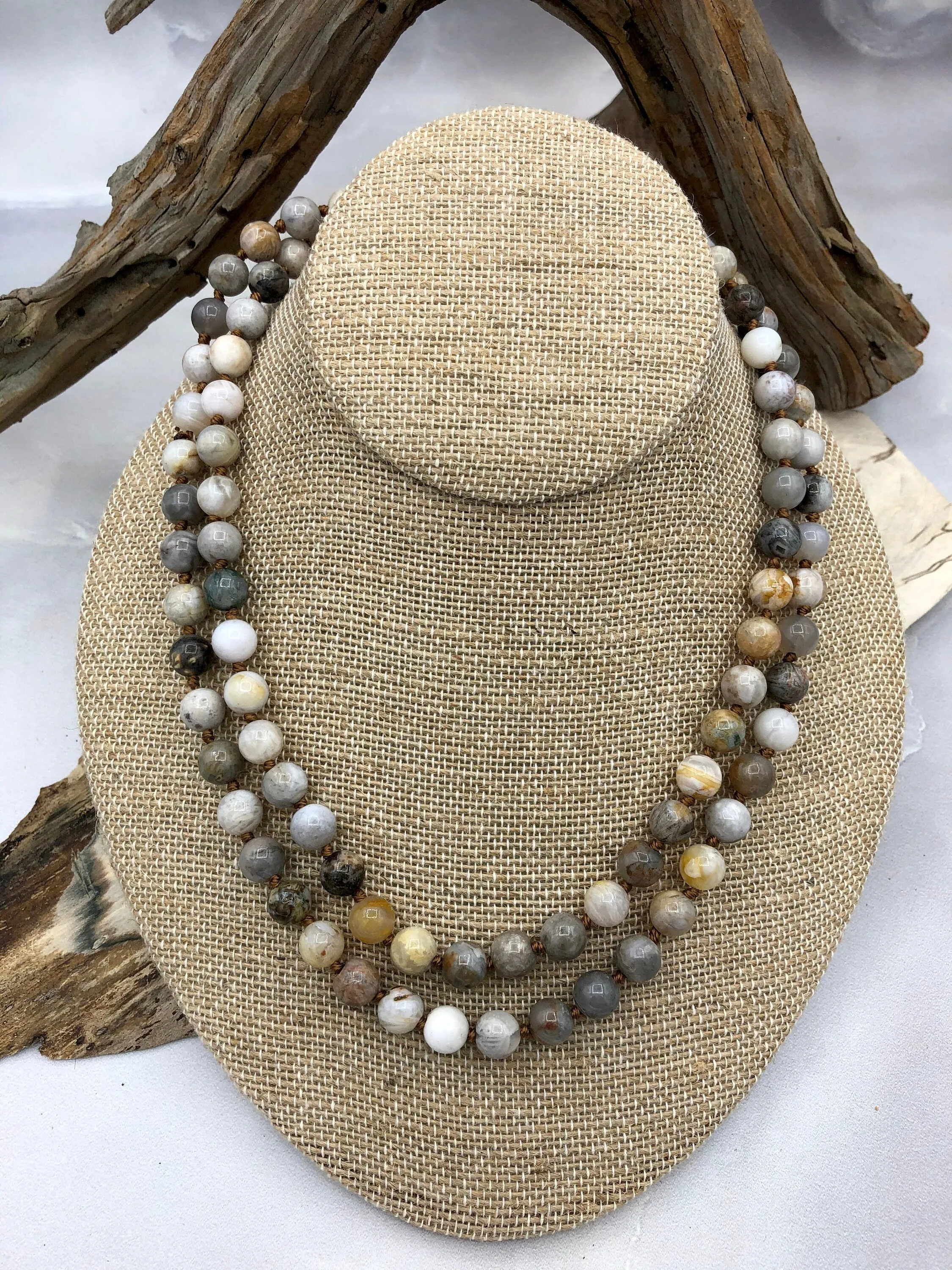 BAMBOO AGATE Hand Knotted Gemstone Necklace, 36"  Bamboo Agate, 8mm Round Polished finish with brown thread. Fast ship