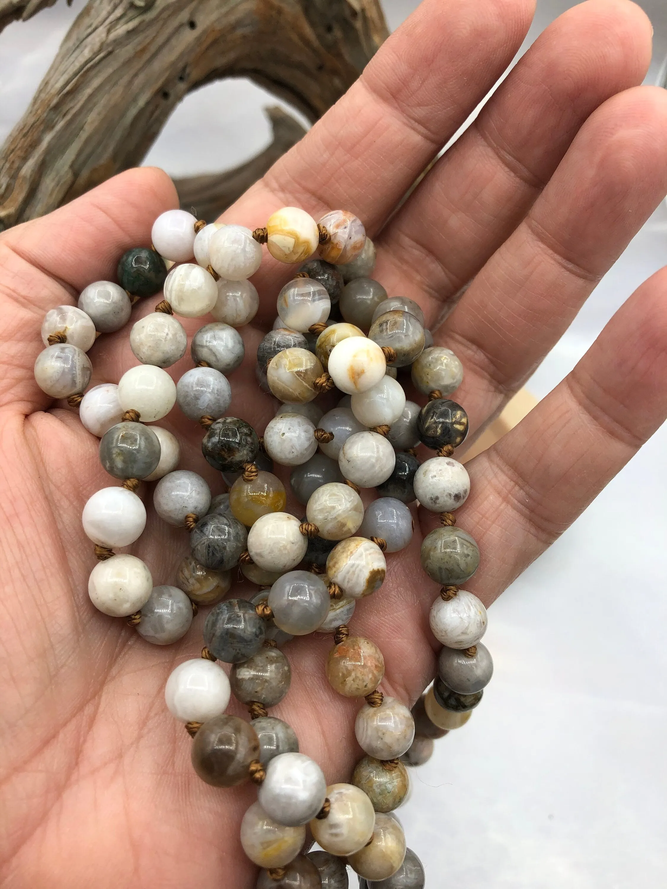 BAMBOO AGATE Hand Knotted Gemstone Necklace, 36"  Bamboo Agate, 8mm Round Polished finish with brown thread. Fast ship